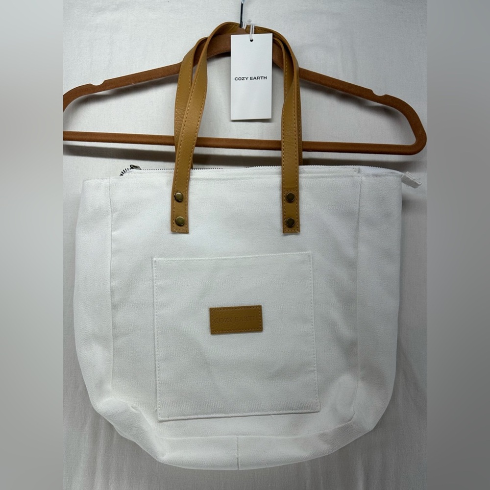 Cozy Earth Tote Storage Bag White Canvas Strap Zip NEW